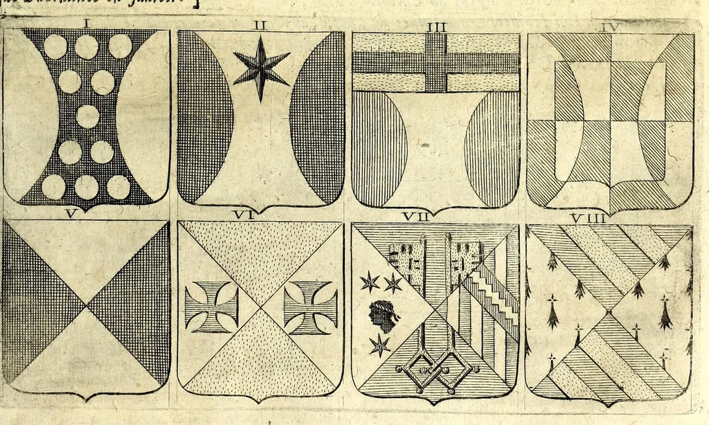 An illustration from La vraye et parfaite science des armoiries, ou, L'Indice armorial de feu maistre Louuan Geliot ... : apprenant et expliquant sommairement les mots & figures dont on se sert au blason des armoiries, & l'origine d'icelles : augmenté de nombre de termes & enrichy de grande multitude d'exemples des armes des familles tant françoise qu'estrangeres, des institutions, des ordres & de leurs colliers, des marques des dignités & charges, des ornemens des escus, de l'office des roys, des herauds, & des poursuiuans d'armes, & autres curiosités despendantes des armoiries ..., 1664, leaf 385
