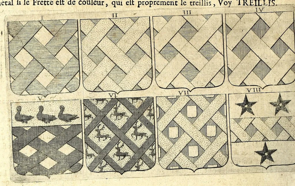 An illustration from La vraye et parfaite science des armoiries, ou, L'Indice armorial de feu maistre Louuan Geliot ... : apprenant et expliquant sommairement les mots & figures dont on se sert au blason des armoiries, & l'origine d'icelles : augmenté de nombre de termes & enrichy de grande multitude d'exemples des armes des familles tant françoise qu'estrangeres, des institutions, des ordres & de leurs colliers, des marques des dignités & charges, des ornemens des escus, de l'office des roys, des herauds, & des poursuiuans d'armes, & autres curiosités despendantes des armoiries ..., 1664, leaf 392