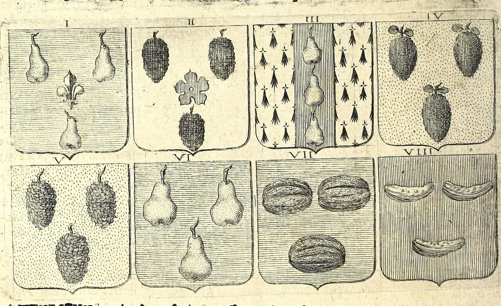 An illustration from La vraye et parfaite science des armoiries, ou, L'Indice armorial de feu maistre Louuan Geliot ... : apprenant et expliquant sommairement les mots & figures dont on se sert au blason des armoiries, & l'origine d'icelles : augmenté de nombre de termes & enrichy de grande multitude d'exemples des armes des familles tant françoise qu'estrangeres, des institutions, des ordres & de leurs colliers, des marques des dignités & charges, des ornemens des escus, de l'office des roys, des herauds, & des poursuiuans d'armes, & autres curiosités despendantes des armoiries ..., 1664, leaf 392
