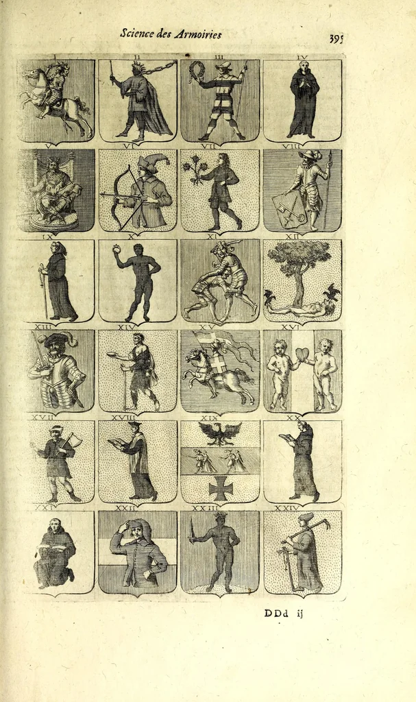 An illustration from La vraye et parfaite science des armoiries, ou, L'Indice armorial de feu maistre Louuan Geliot ... : apprenant et expliquant sommairement les mots & figures dont on se sert au blason des armoiries, & l'origine d'icelles : augmenté de nombre de termes & enrichy de grande multitude d'exemples des armes des familles tant françoise qu'estrangeres, des institutions, des ordres & de leurs colliers, des marques des dignités & charges, des ornemens des escus, de l'office des roys, des herauds, & des poursuiuans d'armes, & autres curiosités despendantes des armoiries ..., 1664, leaf 439