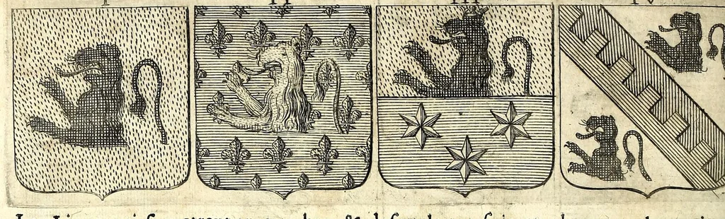 An illustration from La vraye et parfaite science des armoiries, ou, L'Indice armorial de feu maistre Louuan Geliot ... : apprenant et expliquant sommairement les mots & figures dont on se sert au blason des armoiries, & l'origine d'icelles : augmenté de nombre de termes & enrichy de grande multitude d'exemples des armes des familles tant françoise qu'estrangeres, des institutions, des ordres & de leurs colliers, des marques des dignités & charges, des ornemens des escus, de l'office des roys, des herauds, & des poursuiuans d'armes, & autres curiosités despendantes des armoiries ..., 1664, leaf 470