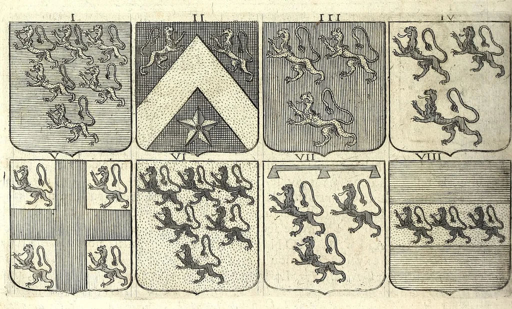 An illustration from La vraye et parfaite science des armoiries, ou, L'Indice armorial de feu maistre Louuan Geliot ... : apprenant et expliquant sommairement les mots & figures dont on se sert au blason des armoiries, & l'origine d'icelles : augmenté de nombre de termes & enrichy de grande multitude d'exemples des armes des familles tant françoise qu'estrangeres, des institutions, des ordres & de leurs colliers, des marques des dignités & charges, des ornemens des escus, de l'office des roys, des herauds, & des poursuiuans d'armes, & autres curiosités despendantes des armoiries ..., 1664, leaf 470