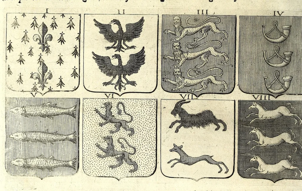 An illustration from La vraye et parfaite science des armoiries, ou, L'Indice armorial de feu maistre Louuan Geliot ... : apprenant et expliquant sommairement les mots & figures dont on se sert au blason des armoiries, & l'origine d'icelles : augmenté de nombre de termes & enrichy de grande multitude d'exemples des armes des familles tant françoise qu'estrangeres, des institutions, des ordres & de leurs colliers, des marques des dignités & charges, des ornemens des escus, de l'office des roys, des herauds, & des poursuiuans d'armes, & autres curiosités despendantes des armoiries ..., 1664, leaf 482