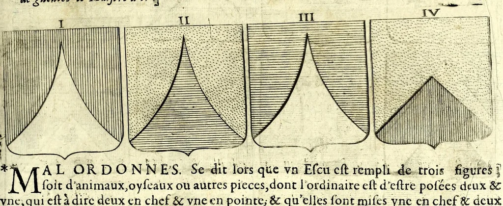 An illustration from La vraye et parfaite science des armoiries, ou, L'Indice armorial de feu maistre Louuan Geliot ... : apprenant et expliquant sommairement les mots & figures dont on se sert au blason des armoiries, & l'origine d'icelles : augmenté de nombre de termes & enrichy de grande multitude d'exemples des armes des familles tant françoise qu'estrangeres, des institutions, des ordres & de leurs colliers, des marques des dignités & charges, des ornemens des escus, de l'office des roys, des herauds, & des poursuiuans d'armes, & autres curiosités despendantes des armoiries ..., 1664, leaf 489
