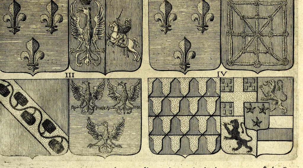 An illustration from La vraye et parfaite science des armoiries, ou, L'Indice armorial de feu maistre Louuan Geliot ... : apprenant et expliquant sommairement les mots & figures dont on se sert au blason des armoiries, & l'origine d'icelles : augmenté de nombre de termes & enrichy de grande multitude d'exemples des armes des familles tant françoise qu'estrangeres, des institutions, des ordres & de leurs colliers, des marques des dignités & charges, des ornemens des escus, de l'office des roys, des herauds, & des poursuiuans d'armes, & autres curiosités despendantes des armoiries ..., 1664, leaf 49