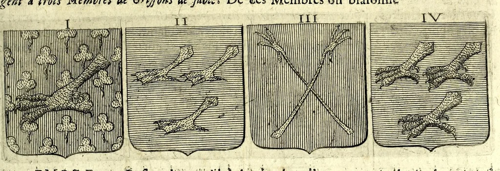 An illustration from La vraye et parfaite science des armoiries, ou, L'Indice armorial de feu maistre Louuan Geliot ... : apprenant et expliquant sommairement les mots & figures dont on se sert au blason des armoiries, & l'origine d'icelles : augmenté de nombre de termes & enrichy de grande multitude d'exemples des armes des familles tant françoise qu'estrangeres, des institutions, des ordres & de leurs colliers, des marques des dignités & charges, des ornemens des escus, de l'office des roys, des herauds, & des poursuiuans d'armes, & autres curiosités despendantes des armoiries ..., 1664, leaf 497