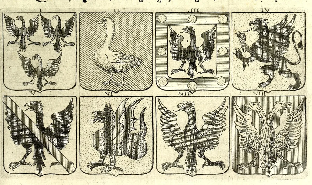 An illustration from La vraye et parfaite science des armoiries, ou, L'Indice armorial de feu maistre Louuan Geliot ... : apprenant et expliquant sommairement les mots & figures dont on se sert au blason des armoiries, & l'origine d'icelles : augmenté de nombre de termes & enrichy de grande multitude d'exemples des armes des familles tant françoise qu'estrangeres, des institutions, des ordres & de leurs colliers, des marques des dignités & charges, des ornemens des escus, de l'office des roys, des herauds, & des poursuiuans d'armes, & autres curiosités despendantes des armoiries ..., 1664, leaf 497