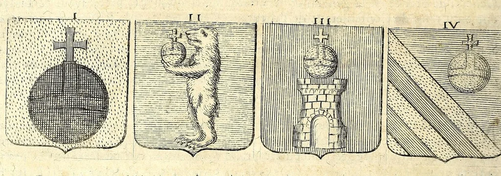 An illustration from La vraye et parfaite science des armoiries, ou, L'Indice armorial de feu maistre Louuan Geliot ... : apprenant et expliquant sommairement les mots & figures dont on se sert au blason des armoiries, & l'origine d'icelles : augmenté de nombre de termes & enrichy de grande multitude d'exemples des armes des familles tant françoise qu'estrangeres, des institutions, des ordres & de leurs colliers, des marques des dignités & charges, des ornemens des escus, de l'office des roys, des herauds, & des poursuiuans d'armes, & autres curiosités despendantes des armoiries ..., 1664, leaf 508