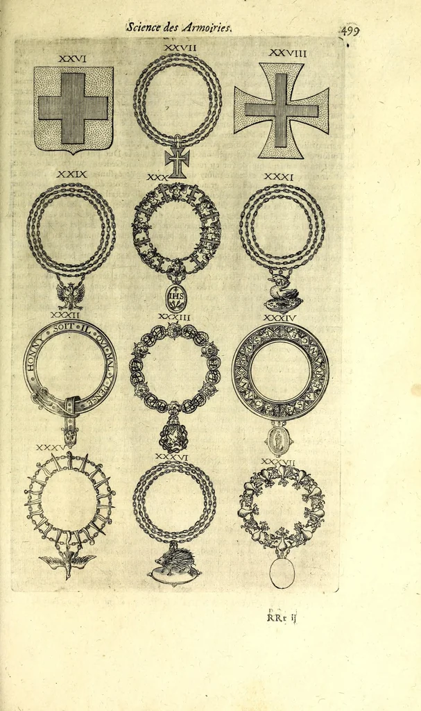 An illustration from La vraye et parfaite science des armoiries, ou, L'Indice armorial de feu maistre Louuan Geliot ... : apprenant et expliquant sommairement les mots & figures dont on se sert au blason des armoiries, & l'origine d'icelles : augmenté de nombre de termes & enrichy de grande multitude d'exemples des armes des familles tant françoise qu'estrangeres, des institutions, des ordres & de leurs colliers, des marques des dignités & charges, des ornemens des escus, de l'office des roys, des herauds, & des poursuiuans d'armes, & autres curiosités despendantes des armoiries ..., 1664, leaf 543