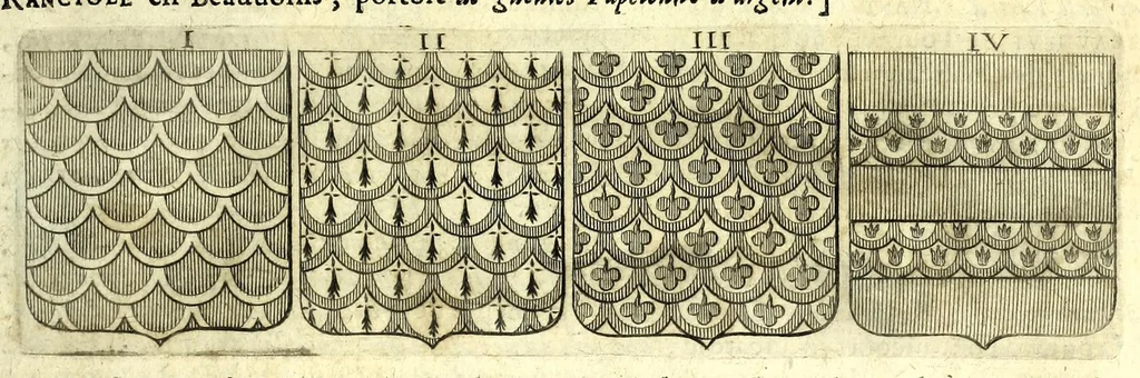 An illustration from La vraye et parfaite science des armoiries, ou, L'Indice armorial de feu maistre Louuan Geliot ... : apprenant et expliquant sommairement les mots & figures dont on se sert au blason des armoiries, & l'origine d'icelles : augmenté de nombre de termes & enrichy de grande multitude d'exemples des armes des familles tant françoise qu'estrangeres, des institutions, des ordres & de leurs colliers, des marques des dignités & charges, des ornemens des escus, de l'office des roys, des herauds, & des poursuiuans d'armes, & autres curiosités despendantes des armoiries ..., 1664, leaf 565