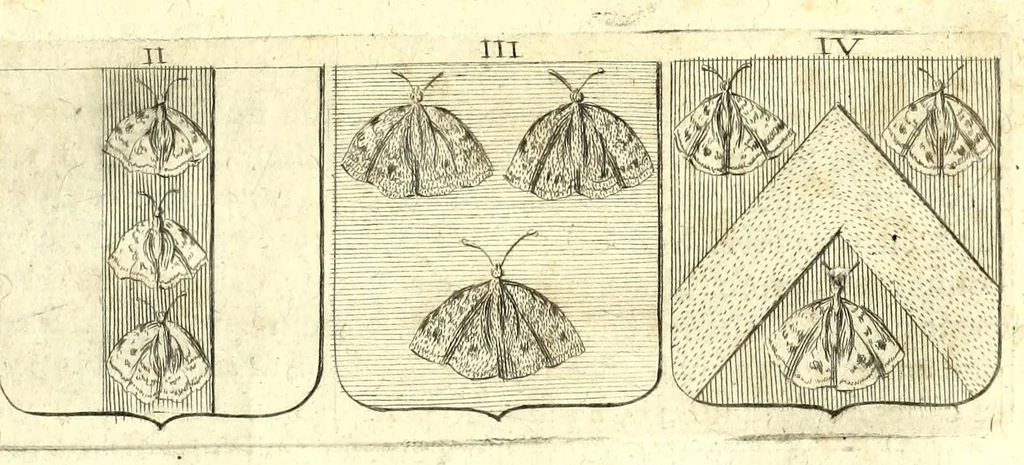 An illustration from La vraye et parfaite science des armoiries, ou, L'Indice armorial de feu maistre Louuan Geliot ... : apprenant et expliquant sommairement les mots & figures dont on se sert au blason des armoiries, & l'origine d'icelles : augmenté de nombre de termes & enrichy de grande multitude d'exemples des armes des familles tant françoise qu'estrangeres, des institutions, des ordres & de leurs colliers, des marques des dignités & charges, des ornemens des escus, de l'office des roys, des herauds, & des poursuiuans d'armes, & autres curiosités despendantes des armoiries ..., 1664, leaf 565