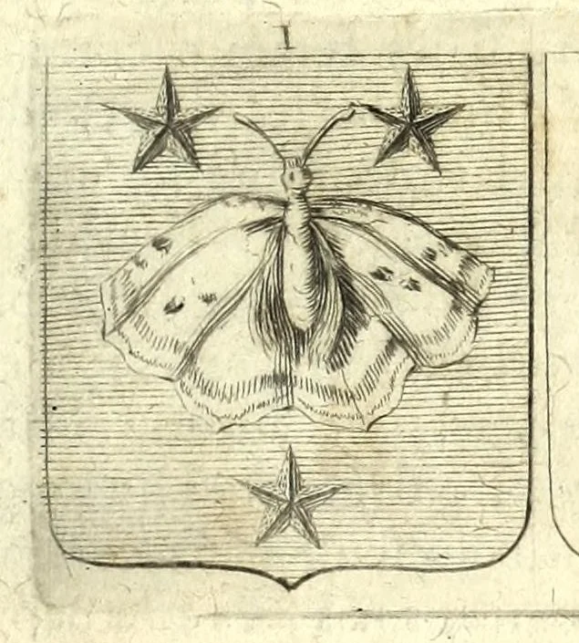 An illustration from La vraye et parfaite science des armoiries, ou, L'Indice armorial de feu maistre Louuan Geliot ... : apprenant et expliquant sommairement les mots & figures dont on se sert au blason des armoiries, & l'origine d'icelles : augmenté de nombre de termes & enrichy de grande multitude d'exemples des armes des familles tant françoise qu'estrangeres, des institutions, des ordres & de leurs colliers, des marques des dignités & charges, des ornemens des escus, de l'office des roys, des herauds, & des poursuiuans d'armes, & autres curiosités despendantes des armoiries ..., 1664, leaf 565