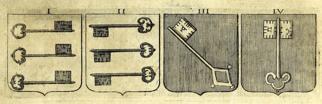 An illustration from La vraye et parfaite science des armoiries, ou, L'Indice armorial de feu maistre Louuan Geliot ... : apprenant et expliquant sommairement les mots & figures dont on se sert au blason des armoiries, & l'origine d'icelles : augmenté de nombre de termes & enrichy de grande multitude d'exemples des armes des familles tant françoise qu'estrangeres, des institutions, des ordres & de leurs colliers, des marques des dignités & charges, des ornemens des escus, de l'office des roys, des herauds, & des poursuiuans d'armes, & autres curiosités despendantes des armoiries ..., 1664, leaf 573