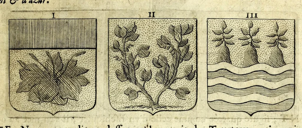 An illustration from La vraye et parfaite science des armoiries, ou, L'Indice armorial de feu maistre Louuan Geliot ... : apprenant et expliquant sommairement les mots & figures dont on se sert au blason des armoiries, & l'origine d'icelles : augmenté de nombre de termes & enrichy de grande multitude d'exemples des armes des familles tant françoise qu'estrangeres, des institutions, des ordres & de leurs colliers, des marques des dignités & charges, des ornemens des escus, de l'office des roys, des herauds, & des poursuiuans d'armes, & autres curiosités despendantes des armoiries ..., 1664, leaf 587