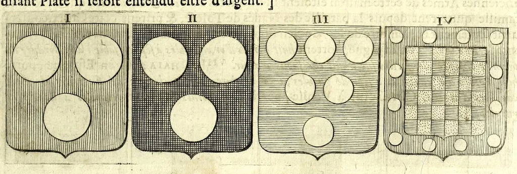An illustration from La vraye et parfaite science des armoiries, ou, L'Indice armorial de feu maistre Louuan Geliot ... : apprenant et expliquant sommairement les mots & figures dont on se sert au blason des armoiries, & l'origine d'icelles : augmenté de nombre de termes & enrichy de grande multitude d'exemples des armes des familles tant françoise qu'estrangeres, des institutions, des ordres & de leurs colliers, des marques des dignités & charges, des ornemens des escus, de l'office des roys, des herauds, & des poursuiuans d'armes, & autres curiosités despendantes des armoiries ..., 1664, leaf 587