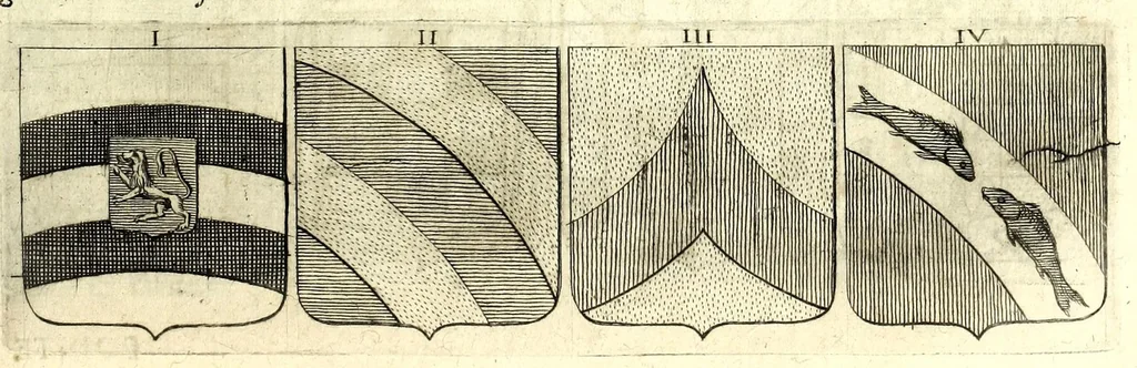 An illustration from La vraye et parfaite science des armoiries, ou, L'Indice armorial de feu maistre Louuan Geliot ... : apprenant et expliquant sommairement les mots & figures dont on se sert au blason des armoiries, & l'origine d'icelles : augmenté de nombre de termes & enrichy de grande multitude d'exemples des armes des familles tant françoise qu'estrangeres, des institutions, des ordres & de leurs colliers, des marques des dignités & charges, des ornemens des escus, de l'office des roys, des herauds, & des poursuiuans d'armes, & autres curiosités despendantes des armoiries ..., 1664, leaf 587