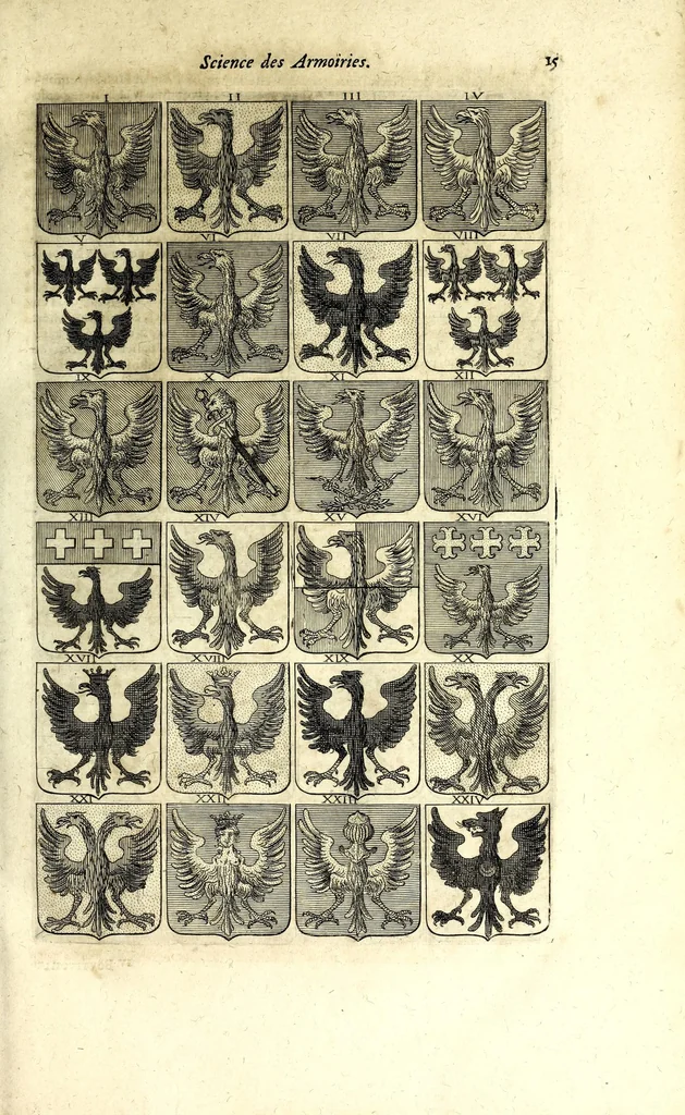 An illustration from La vraye et parfaite science des armoiries, ou, L'Indice armorial de feu maistre Louuan Geliot ... : apprenant et expliquant sommairement les mots & figures dont on se sert au blason des armoiries, & l'origine d'icelles : augmenté de nombre de termes & enrichy de grande multitude d'exemples des armes des familles tant françoise qu'estrangeres, des institutions, des ordres & de leurs colliers, des marques des dignités & charges, des ornemens des escus, de l'office des roys, des herauds, & des poursuiuans d'armes, & autres curiosités despendantes des armoiries ..., 1664, leaf 59