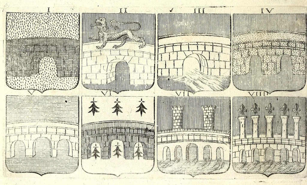 An illustration from La vraye et parfaite science des armoiries, ou, L'Indice armorial de feu maistre Louuan Geliot ... : apprenant et expliquant sommairement les mots & figures dont on se sert au blason des armoiries, & l'origine d'icelles : augmenté de nombre de termes & enrichy de grande multitude d'exemples des armes des familles tant françoise qu'estrangeres, des institutions, des ordres & de leurs colliers, des marques des dignités & charges, des ornemens des escus, de l'office des roys, des herauds, & des poursuiuans d'armes, & autres curiosités despendantes des armoiries ..., 1664, leaf 594