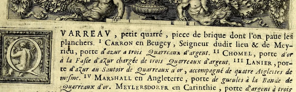 An illustration from La vraye et parfaite science des armoiries, ou, L'Indice armorial de feu maistre Louuan Geliot ... : apprenant et expliquant sommairement les mots & figures dont on se sert au blason des armoiries, & l'origine d'icelles : augmenté de nombre de termes & enrichy de grande multitude d'exemples des armes des familles tant françoise qu'estrangeres, des institutions, des ordres & de leurs colliers, des marques des dignités & charges, des ornemens des escus, de l'office des roys, des herauds, & des poursuiuans d'armes, & autres curiosités despendantes des armoiries ..., 1664, leaf 601