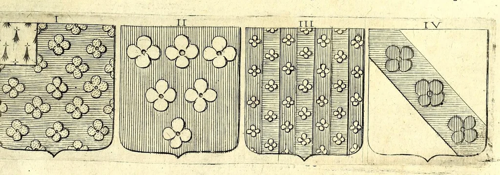 An illustration from La vraye et parfaite science des armoiries, ou, L'Indice armorial de feu maistre Louuan Geliot ... : apprenant et expliquant sommairement les mots & figures dont on se sert au blason des armoiries, & l'origine d'icelles : augmenté de nombre de termes & enrichy de grande multitude d'exemples des armes des familles tant françoise qu'estrangeres, des institutions, des ordres & de leurs colliers, des marques des dignités & charges, des ornemens des escus, de l'office des roys, des herauds, & des poursuiuans d'armes, & autres curiosités despendantes des armoiries ..., 1664, leaf 601