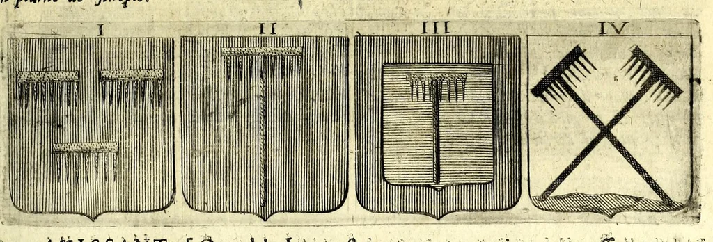 An illustration from La vraye et parfaite science des armoiries, ou, L'Indice armorial de feu maistre Louuan Geliot ... : apprenant et expliquant sommairement les mots & figures dont on se sert au blason des armoiries, & l'origine d'icelles : augmenté de nombre de termes & enrichy de grande multitude d'exemples des armes des familles tant françoise qu'estrangeres, des institutions, des ordres & de leurs colliers, des marques des dignités & charges, des ornemens des escus, de l'office des roys, des herauds, & des poursuiuans d'armes, & autres curiosités despendantes des armoiries ..., 1664, leaf 609