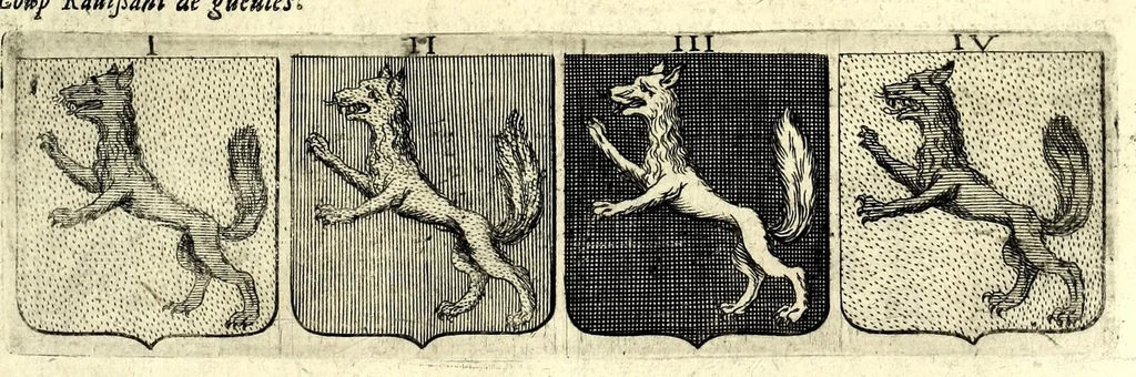 An illustration from La vraye et parfaite science des armoiries, ou, L'Indice armorial de feu maistre Louuan Geliot ... : apprenant et expliquant sommairement les mots & figures dont on se sert au blason des armoiries, & l'origine d'icelles : augmenté de nombre de termes & enrichy de grande multitude d'exemples des armes des familles tant françoise qu'estrangeres, des institutions, des ordres & de leurs colliers, des marques des dignités & charges, des ornemens des escus, de l'office des roys, des herauds, & des poursuiuans d'armes, & autres curiosités despendantes des armoiries ..., 1664, leaf 609