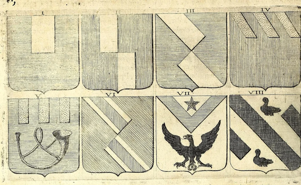 An illustration from La vraye et parfaite science des armoiries, ou, L'Indice armorial de feu maistre Louuan Geliot ... : apprenant et expliquant sommairement les mots & figures dont on se sert au blason des armoiries, & l'origine d'icelles : augmenté de nombre de termes & enrichy de grande multitude d'exemples des armes des familles tant françoise qu'estrangeres, des institutions, des ordres & de leurs colliers, des marques des dignités & charges, des ornemens des escus, de l'office des roys, des herauds, & des poursuiuans d'armes, & autres curiosités despendantes des armoiries ..., 1664, leaf 616