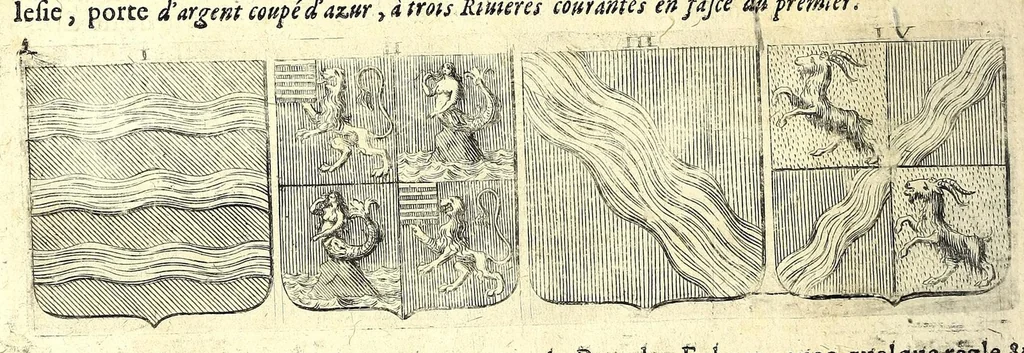 An illustration from La vraye et parfaite science des armoiries, ou, L'Indice armorial de feu maistre Louuan Geliot ... : apprenant et expliquant sommairement les mots & figures dont on se sert au blason des armoiries, & l'origine d'icelles : augmenté de nombre de termes & enrichy de grande multitude d'exemples des armes des familles tant françoise qu'estrangeres, des institutions, des ordres & de leurs colliers, des marques des dignités & charges, des ornemens des escus, de l'office des roys, des herauds, & des poursuiuans d'armes, & autres curiosités despendantes des armoiries ..., 1664, leaf 616