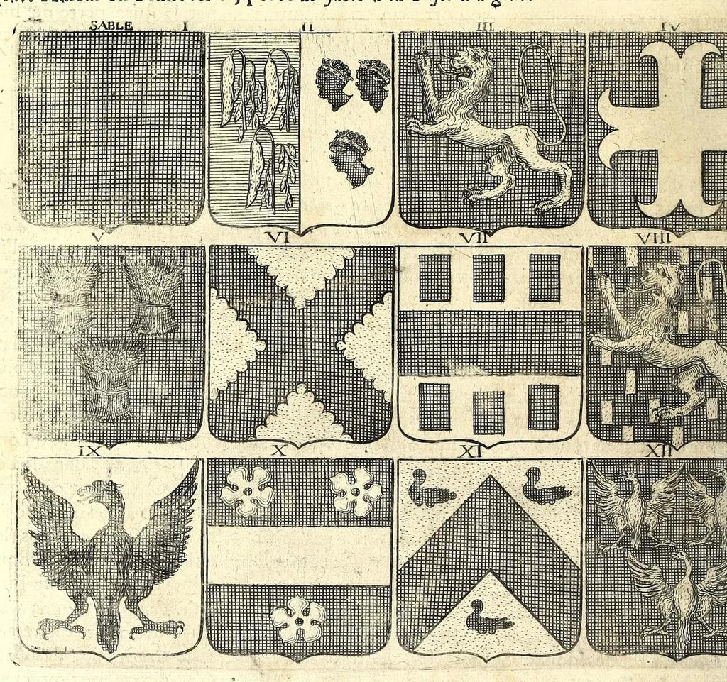 An illustration from La vraye et parfaite science des armoiries, ou, L'Indice armorial de feu maistre Louuan Geliot ... : apprenant et expliquant sommairement les mots & figures dont on se sert au blason des armoiries, & l'origine d'icelles : augmenté de nombre de termes & enrichy de grande multitude d'exemples des armes des familles tant françoise qu'estrangeres, des institutions, des ordres & de leurs colliers, des marques des dignités & charges, des ornemens des escus, de l'office des roys, des herauds, & des poursuiuans d'armes, & autres curiosités despendantes des armoiries ..., 1664, leaf 624