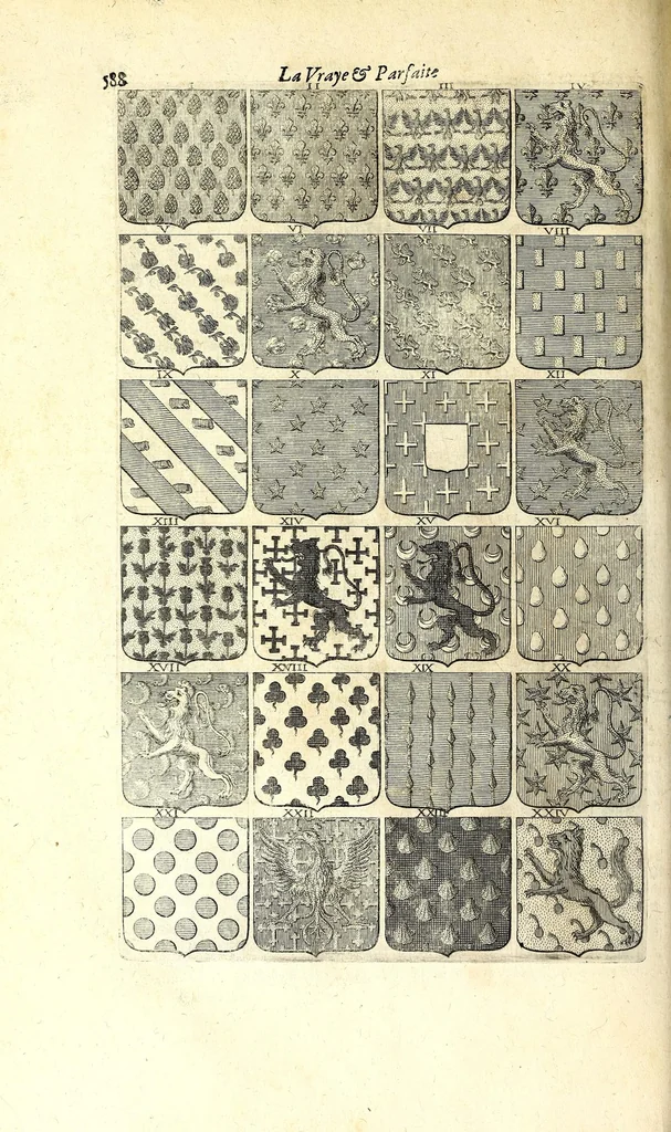 An illustration from La vraye et parfaite science des armoiries, ou, L'Indice armorial de feu maistre Louuan Geliot ... : apprenant et expliquant sommairement les mots & figures dont on se sert au blason des armoiries, & l'origine d'icelles : augmenté de nombre de termes & enrichy de grande multitude d'exemples des armes des familles tant françoise qu'estrangeres, des institutions, des ordres & de leurs colliers, des marques des dignités & charges, des ornemens des escus, de l'office des roys, des herauds, & des poursuiuans d'armes, & autres curiosités despendantes des armoiries ..., 1664, leaf 632