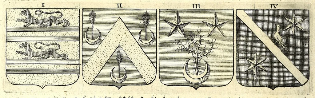 An illustration from La vraye et parfaite science des armoiries, ou, L'Indice armorial de feu maistre Louuan Geliot ... : apprenant et expliquant sommairement les mots & figures dont on se sert au blason des armoiries, & l'origine d'icelles : augmenté de nombre de termes & enrichy de grande multitude d'exemples des armes des familles tant françoise qu'estrangeres, des institutions, des ordres & de leurs colliers, des marques des dignités & charges, des ornemens des escus, de l'office des roys, des herauds, & des poursuiuans d'armes, & autres curiosités despendantes des armoiries ..., 1664, leaf 638