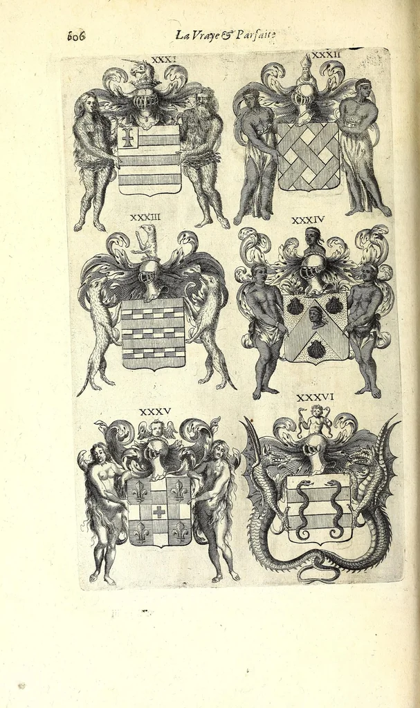 An illustration from La vraye et parfaite science des armoiries, ou, L'Indice armorial de feu maistre Louuan Geliot ... : apprenant et expliquant sommairement les mots & figures dont on se sert au blason des armoiries, & l'origine d'icelles : augmenté de nombre de termes & enrichy de grande multitude d'exemples des armes des familles tant françoise qu'estrangeres, des institutions, des ordres & de leurs colliers, des marques des dignités & charges, des ornemens des escus, de l'office des roys, des herauds, & des poursuiuans d'armes, & autres curiosités despendantes des armoiries ..., 1664, leaf 650