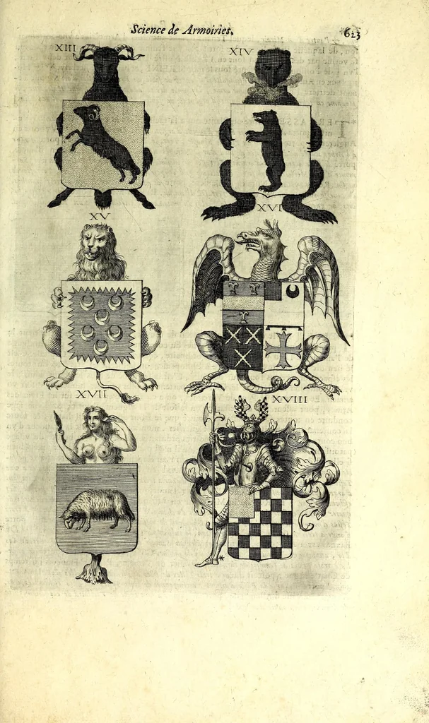An illustration from La vraye et parfaite science des armoiries, ou, L'Indice armorial de feu maistre Louuan Geliot ... : apprenant et expliquant sommairement les mots & figures dont on se sert au blason des armoiries, & l'origine d'icelles : augmenté de nombre de termes & enrichy de grande multitude d'exemples des armes des familles tant françoise qu'estrangeres, des institutions, des ordres & de leurs colliers, des marques des dignités & charges, des ornemens des escus, de l'office des roys, des herauds, & des poursuiuans d'armes, & autres curiosités despendantes des armoiries ..., 1664, leaf 667