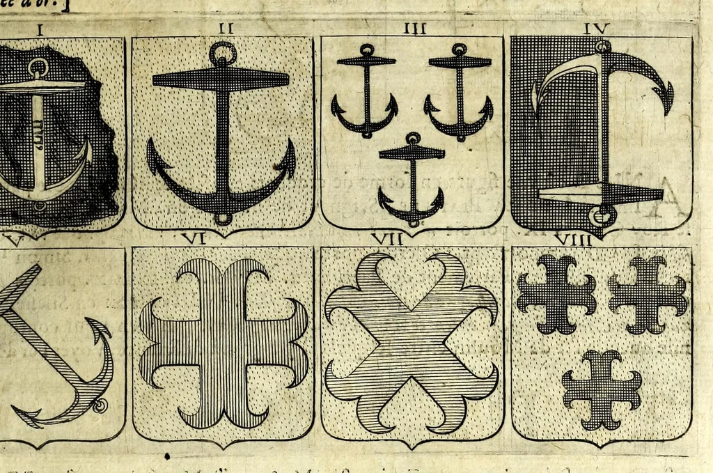 An illustration from La vraye et parfaite science des armoiries, ou, L'Indice armorial de feu maistre Louuan Geliot ... : apprenant et expliquant sommairement les mots & figures dont on se sert au blason des armoiries, & l'origine d'icelles : augmenté de nombre de termes & enrichy de grande multitude d'exemples des armes des familles tant françoise qu'estrangeres, des institutions, des ordres & de leurs colliers, des marques des dignités & charges, des ornemens des escus, de l'office des roys, des herauds, & des poursuiuans d'armes, & autres curiosités despendantes des armoiries ..., 1664, leaf 67