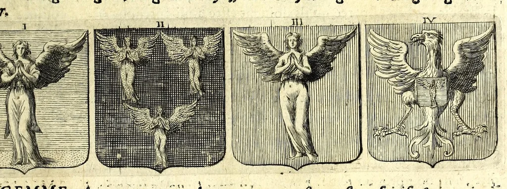 An illustration from La vraye et parfaite science des armoiries, ou, L'Indice armorial de feu maistre Louuan Geliot ... : apprenant et expliquant sommairement les mots & figures dont on se sert au blason des armoiries, & l'origine d'icelles : augmenté de nombre de termes & enrichy de grande multitude d'exemples des armes des familles tant françoise qu'estrangeres, des institutions, des ordres & de leurs colliers, des marques des dignités & charges, des ornemens des escus, de l'office des roys, des herauds, & des poursuiuans d'armes, & autres curiosités despendantes des armoiries ..., 1664, leaf 67