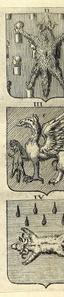 An illustration from La vraye et parfaite science des armoiries, ou, L'Indice armorial de feu maistre Louuan Geliot ... : apprenant et expliquant sommairement les mots & figures dont on se sert au blason des armoiries, & l'origine d'icelles : augmenté de nombre de termes & enrichy de grande multitude d'exemples des armes des familles tant françoise qu'estrangeres, des institutions, des ordres & de leurs colliers, des marques des dignités & charges, des ornemens des escus, de l'office des roys, des herauds, & des poursuiuans d'armes, & autres curiosités despendantes des armoiries ..., 1664, leaf 676