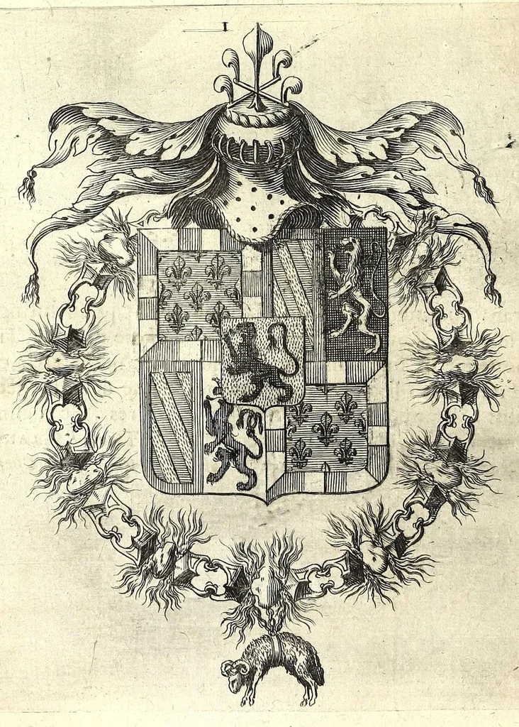 An illustration from La vraye et parfaite science des armoiries, ou, L'Indice armorial de feu maistre Louuan Geliot ... : apprenant et expliquant sommairement les mots & figures dont on se sert au blason des armoiries, & l'origine d'icelles : augmenté de nombre de termes & enrichy de grande multitude d'exemples des armes des familles tant françoise qu'estrangeres, des institutions, des ordres & de leurs colliers, des marques des dignités & charges, des ornemens des escus, de l'office des roys, des herauds, & des poursuiuans d'armes, & autres curiosités despendantes des armoiries ..., 1664, leaf 676