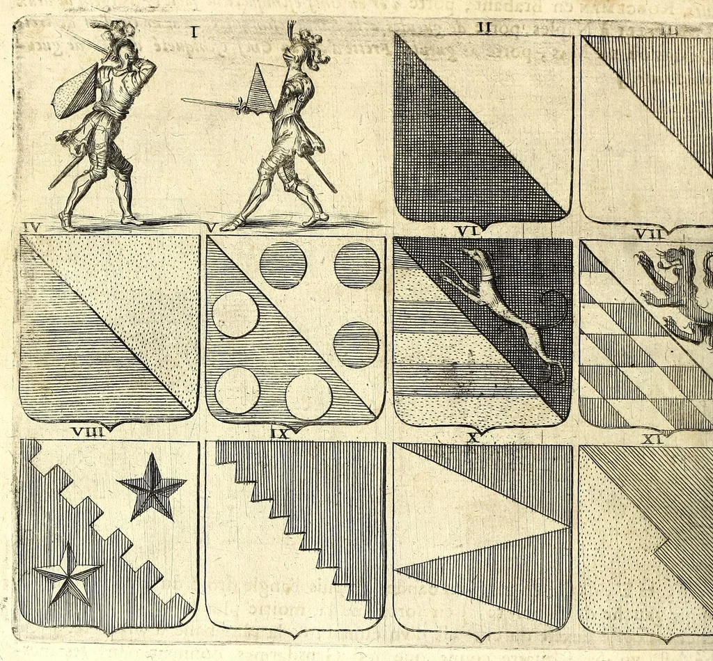 An illustration from La vraye et parfaite science des armoiries, ou, L'Indice armorial de feu maistre Louuan Geliot ... : apprenant et expliquant sommairement les mots & figures dont on se sert au blason des armoiries, & l'origine d'icelles : augmenté de nombre de termes & enrichy de grande multitude d'exemples des armes des familles tant françoise qu'estrangeres, des institutions, des ordres & de leurs colliers, des marques des dignités & charges, des ornemens des escus, de l'office des roys, des herauds, & des poursuiuans d'armes, & autres curiosités despendantes des armoiries ..., 1664, leaf 684