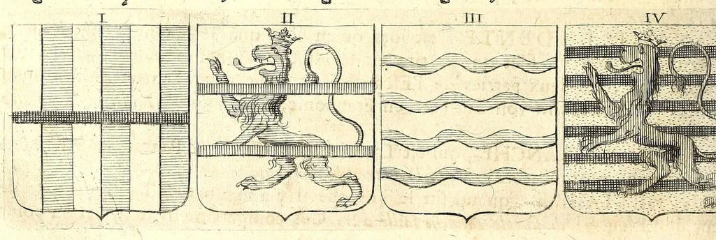 An illustration from La vraye et parfaite science des armoiries, ou, L'Indice armorial de feu maistre Louuan Geliot ... : apprenant et expliquant sommairement les mots & figures dont on se sert au blason des armoiries, & l'origine d'icelles : augmenté de nombre de termes & enrichy de grande multitude d'exemples des armes des familles tant françoise qu'estrangeres, des institutions, des ordres & de leurs colliers, des marques des dignités & charges, des ornemens des escus, de l'office des roys, des herauds, & des poursuiuans d'armes, & autres curiosités despendantes des armoiries ..., 1664, leaf 684