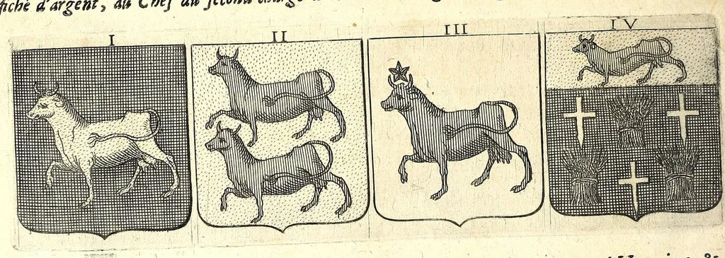 An illustration from La vraye et parfaite science des armoiries, ou, L'Indice armorial de feu maistre Louuan Geliot ... : apprenant et expliquant sommairement les mots & figures dont on se sert au blason des armoiries, & l'origine d'icelles : augmenté de nombre de termes & enrichy de grande multitude d'exemples des armes des familles tant françoise qu'estrangeres, des institutions, des ordres & de leurs colliers, des marques des dignités & charges, des ornemens des escus, de l'office des roys, des herauds, & des poursuiuans d'armes, & autres curiosités despendantes des armoiries ..., 1664, leaf 690