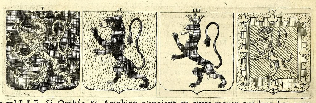 An illustration from La vraye et parfaite science des armoiries, ou, L'Indice armorial de feu maistre Louuan Geliot ... : apprenant et expliquant sommairement les mots & figures dont on se sert au blason des armoiries, & l'origine d'icelles : augmenté de nombre de termes & enrichy de grande multitude d'exemples des armes des familles tant françoise qu'estrangeres, des institutions, des ordres & de leurs colliers, des marques des dignités & charges, des ornemens des escus, de l'office des roys, des herauds, & des poursuiuans d'armes, & autres curiosités despendantes des armoiries ..., 1664, leaf 698