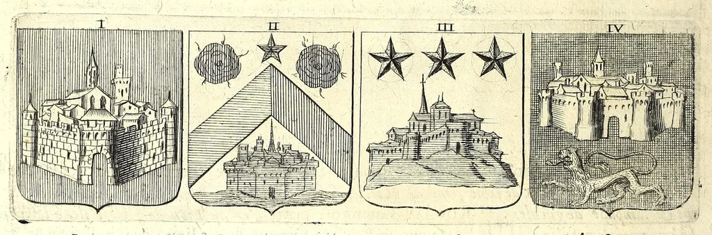 An illustration from La vraye et parfaite science des armoiries, ou, L'Indice armorial de feu maistre Louuan Geliot ... : apprenant et expliquant sommairement les mots & figures dont on se sert au blason des armoiries, & l'origine d'icelles : augmenté de nombre de termes & enrichy de grande multitude d'exemples des armes des familles tant françoise qu'estrangeres, des institutions, des ordres & de leurs colliers, des marques des dignités & charges, des ornemens des escus, de l'office des roys, des herauds, & des poursuiuans d'armes, & autres curiosités despendantes des armoiries ..., 1664, leaf 698
