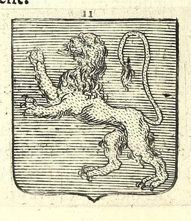 An illustration from La vraye et parfaite science des armoiries, ou, L'Indice armorial de feu maistre Louuan Geliot ... : apprenant et expliquant sommairement les mots & figures dont on se sert au blason des armoiries, & l'origine d'icelles : augmenté de nombre de termes & enrichy de grande multitude d'exemples des armes des familles tant françoise qu'estrangeres, des institutions, des ordres & de leurs colliers, des marques des dignités & charges, des ornemens des escus, de l'office des roys, des herauds, & des poursuiuans d'armes, & autres curiosités despendantes des armoiries ..., 1664, leaf 86