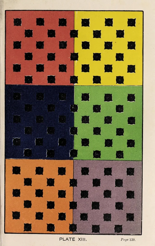 An illustration from The laws of contrast of colour : and their application to the arts of painting, decoration of buildings, mosaic work, tapestry and carpet weaving, calico printing, dress, paper staining, printing, military clothing, illumination, landscape, and flower gardening, &c., 1861, leaf 191