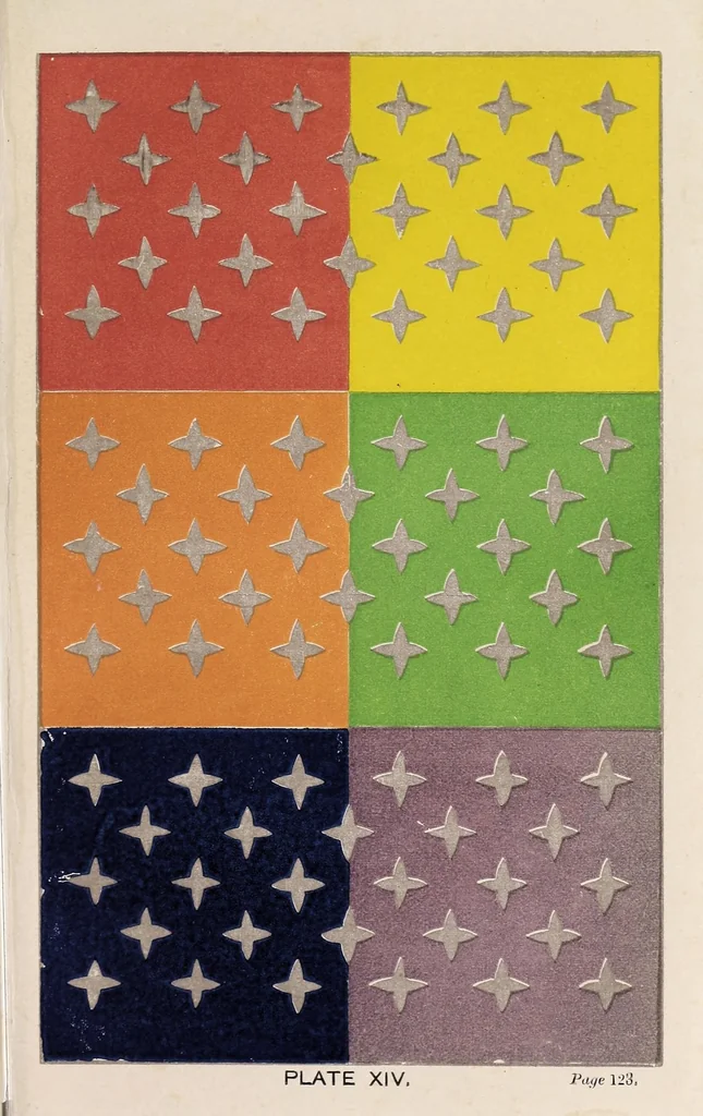 An illustration from The laws of contrast of colour : and their application to the arts of painting, decoration of buildings, mosaic work, tapestry and carpet weaving, calico printing, dress, paper staining, printing, military clothing, illumination, landscape, and flower gardening, &c., 1861, leaf 197
