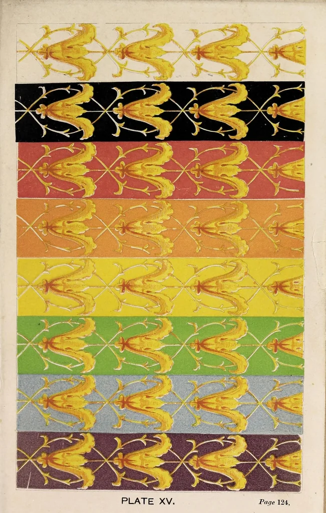An illustration from The laws of contrast of colour : and their application to the arts of painting, decoration of buildings, mosaic work, tapestry and carpet weaving, calico printing, dress, paper staining, printing, military clothing, illumination, landscape, and flower gardening, &c., 1861, leaf 203