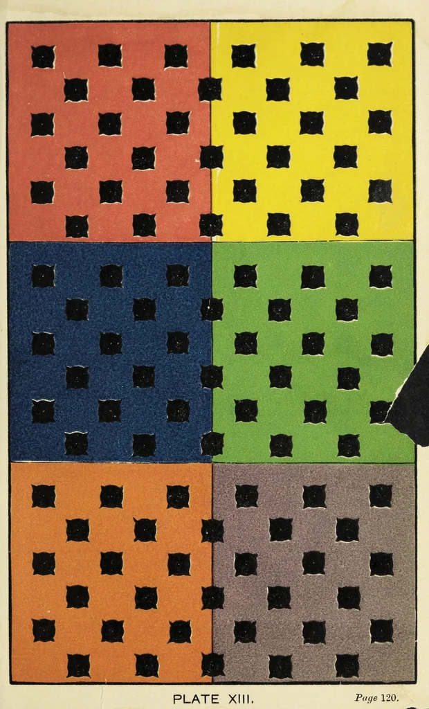 An illustration from The laws of contrast of colour : and their application to the arts of painting, decoration of buildings, mosaic work, tapestry and carpet weaving, calico printing, dress, paper staining, printing, military clothing, illumination, landscape and flower gardening, &c., 1868, leaf 185