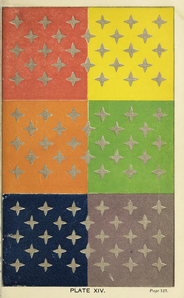 An illustration from The laws of contrast of colour : and their application to the arts of painting, decoration of buildings, mosaic work, tapestry and carpet weaving, calico printing, dress, paper staining, printing, military clothing, illumination, landscape and flower gardening, &c., 1868, leaf 191