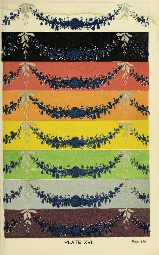 An illustration from The laws of contrast of colour : and their application to the arts of painting, decoration of buildings, mosaic work, tapestry and carpet weaving, calico printing, dress, paper staining, printing, military clothing, illumination, landscape and flower gardening, &c., 1868, leaf 203