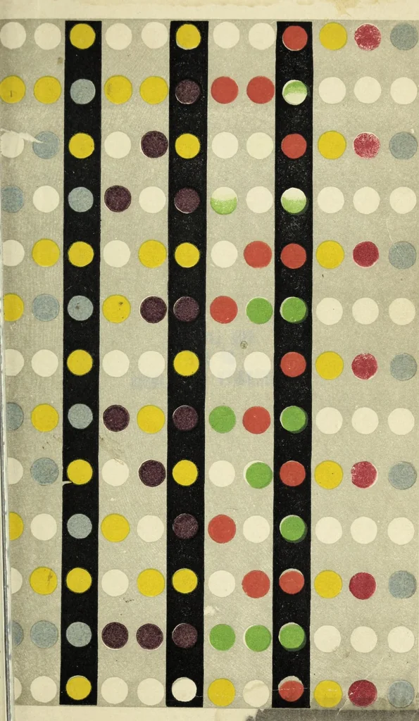 An illustration from The laws of contrast of colour : and their application to the arts of painting, decoration of buildings, mosaic work, tapestry and carpet weaving, calico printing, dress, paper staining, printing, military clothing, illumination, landscape and flower gardening, &c., 1868, leaf 97
